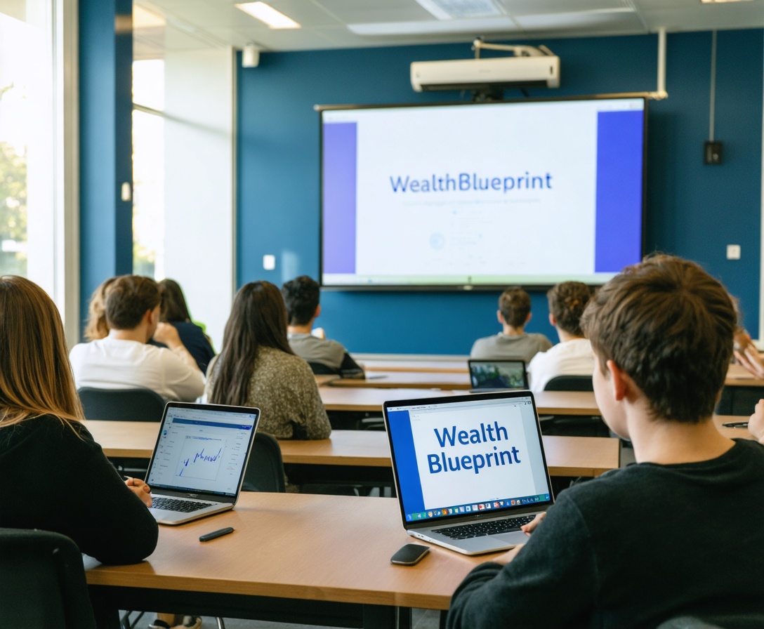 Students in a modern classroom learning about financial charts