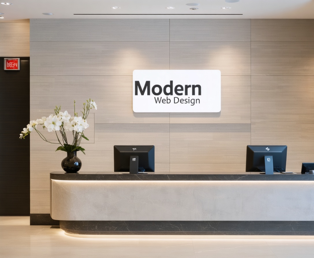 Minimalist reception desk in Modern Web Design's corporate lobby