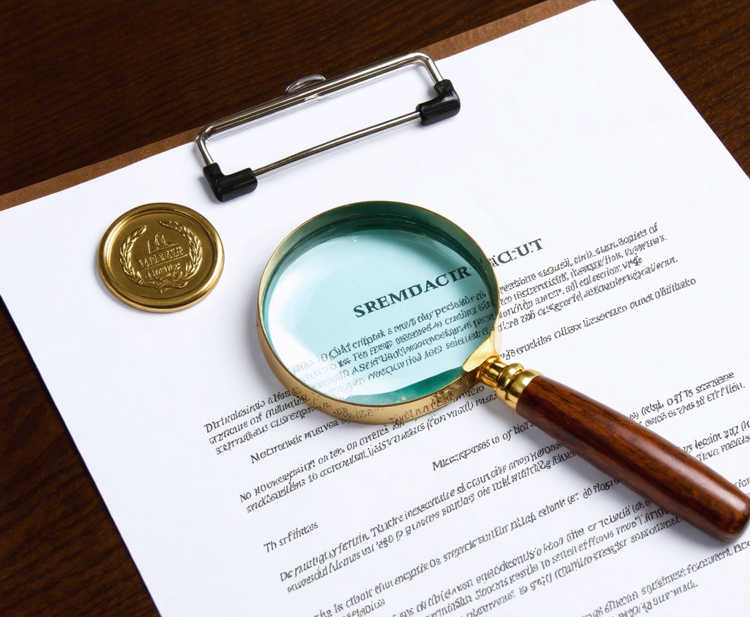 A high-quality paper document with a metallic seal and a magnifying glass