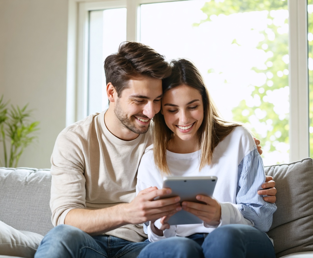 A young couple smiling in their new home, having reached their financial goals