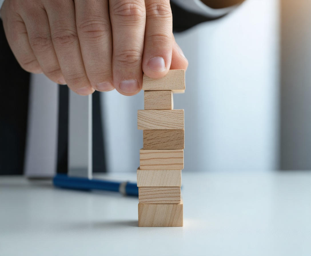 A hand placing a final wooden block on a balanced tower, representing stable wealth growth